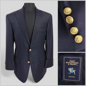 Hart Schaffner Marx 38R - 40R Navy Blue Gold Buttons 2 Button Blazer Jacket